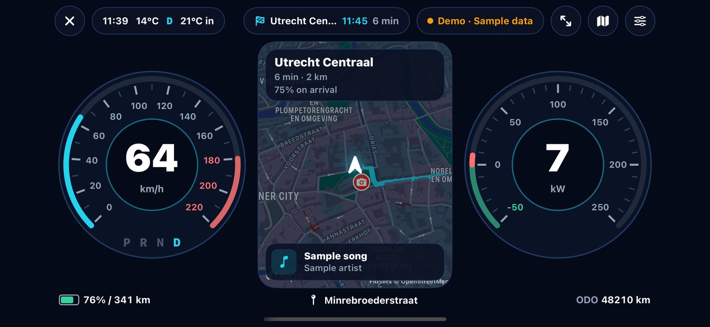 EVDash Live cockpit: speedometer at 64 km/h, power gauge, battery 76 percent and a map with the route to Utrecht Centraal
